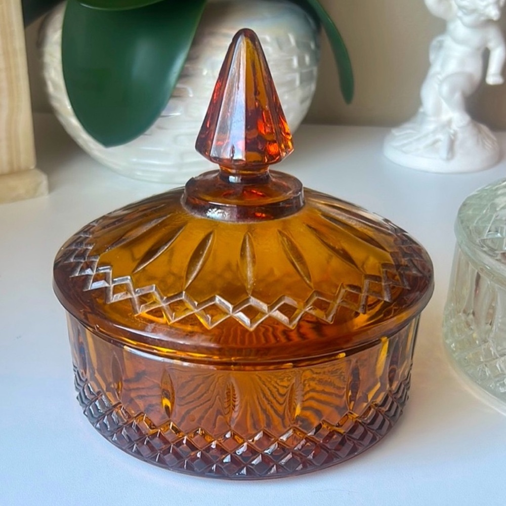 Vintage Amber Indiana Glass Princess Diamond Candy Dish with Lid